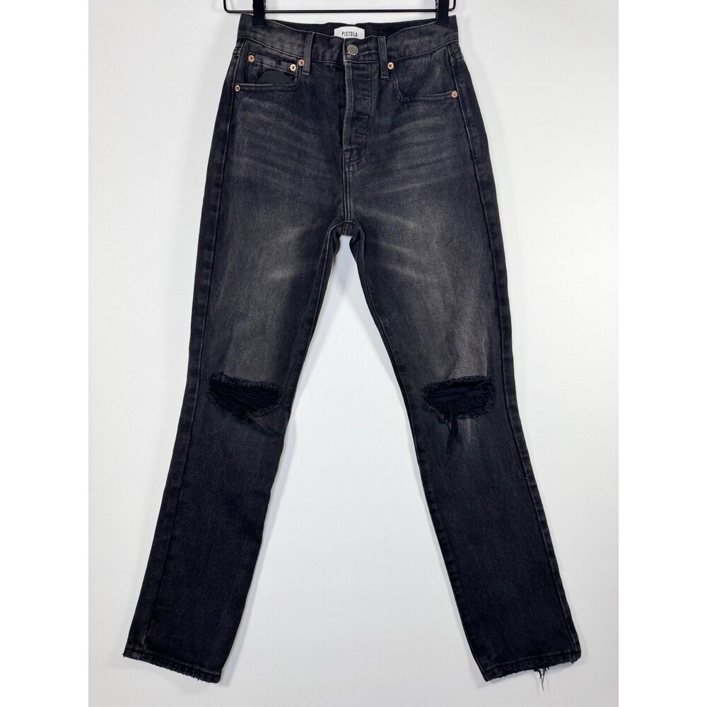 Pistola Keaton Jeans Women 25 Black Distressed Slim Straight Leg High Rise Denim